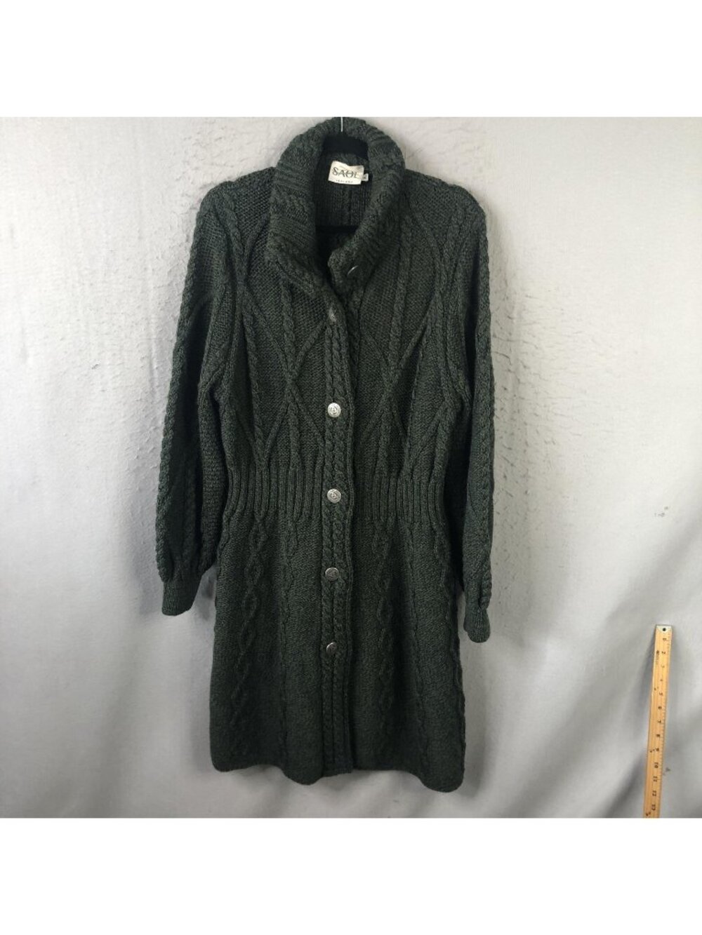 Saol Cardigan Sweater Womens XL Green Merino Wool Aran Cable Ireland Longline